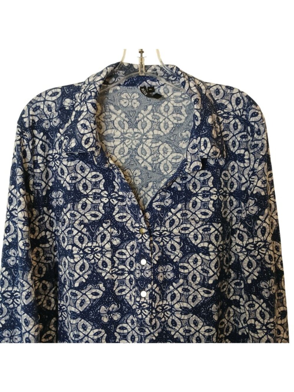 Cathy Womens XL Blue White Patterned Shirt Roll-Tab 3/4 Sleeve 1/4 Button #D-36 - Picture 7 of 10